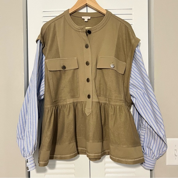 Pilcro Striped Shirt Sleeve Knit Babydoll Shacket Size Medium Preowned - Picture 1 of 5